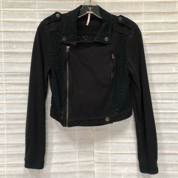 Free People Sheer Lace Cropped Knit Bomber Jacket
